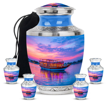 Bright Blue Boat Cremation Urn lifestyle display on memorial shelf - artistic boat interpretation with creative detail - memorial set with one large and four small urns