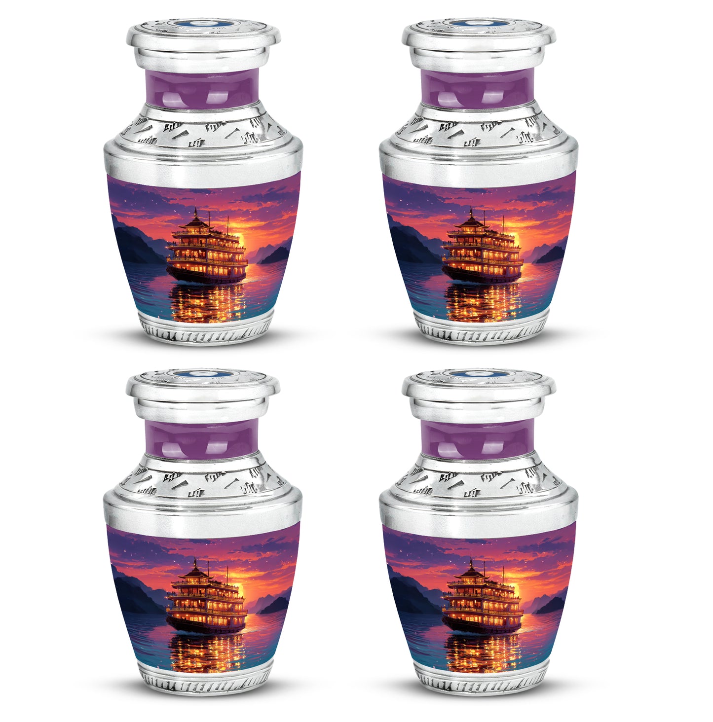 Amethyst Purple Boat Cremation Urn back view with polished surface - modern art-inspired boat motif on sleek aluminum - 10 inch aluminum urn for cremated remains
