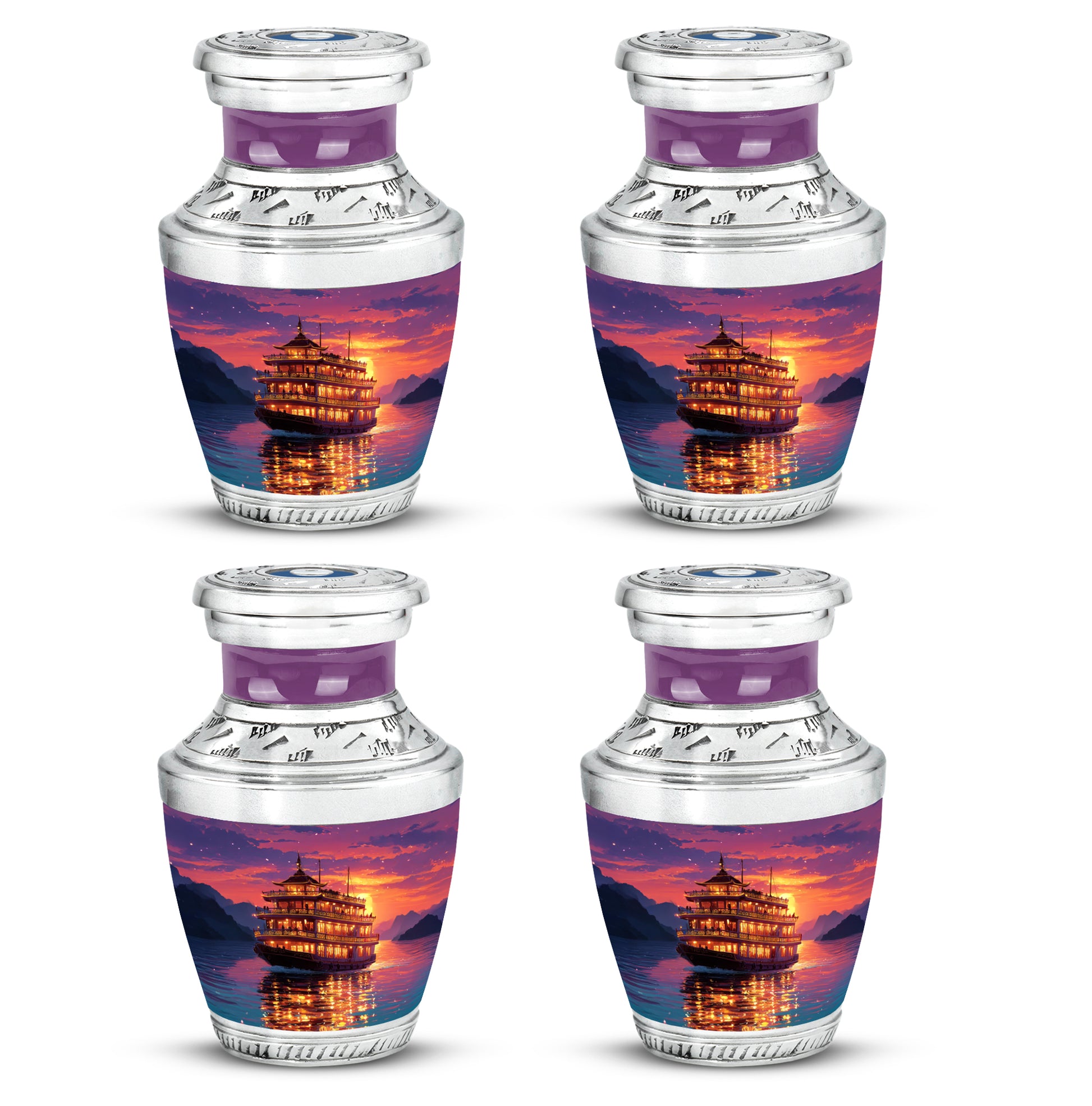Amethyst Purple Boat Cremation Urn back view with polished surface - modern art-inspired boat motif on sleek aluminum - 10 inch aluminum urn for cremated remains
