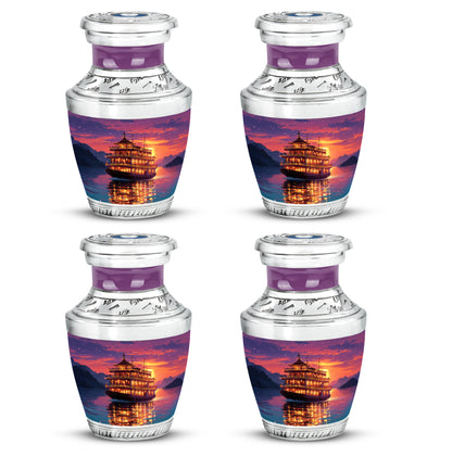 Amethyst Purple Boat Cremation Urn back view with polished surface - modern art-inspired boat motif on sleek aluminum - 10 inch aluminum urn for cremated remains