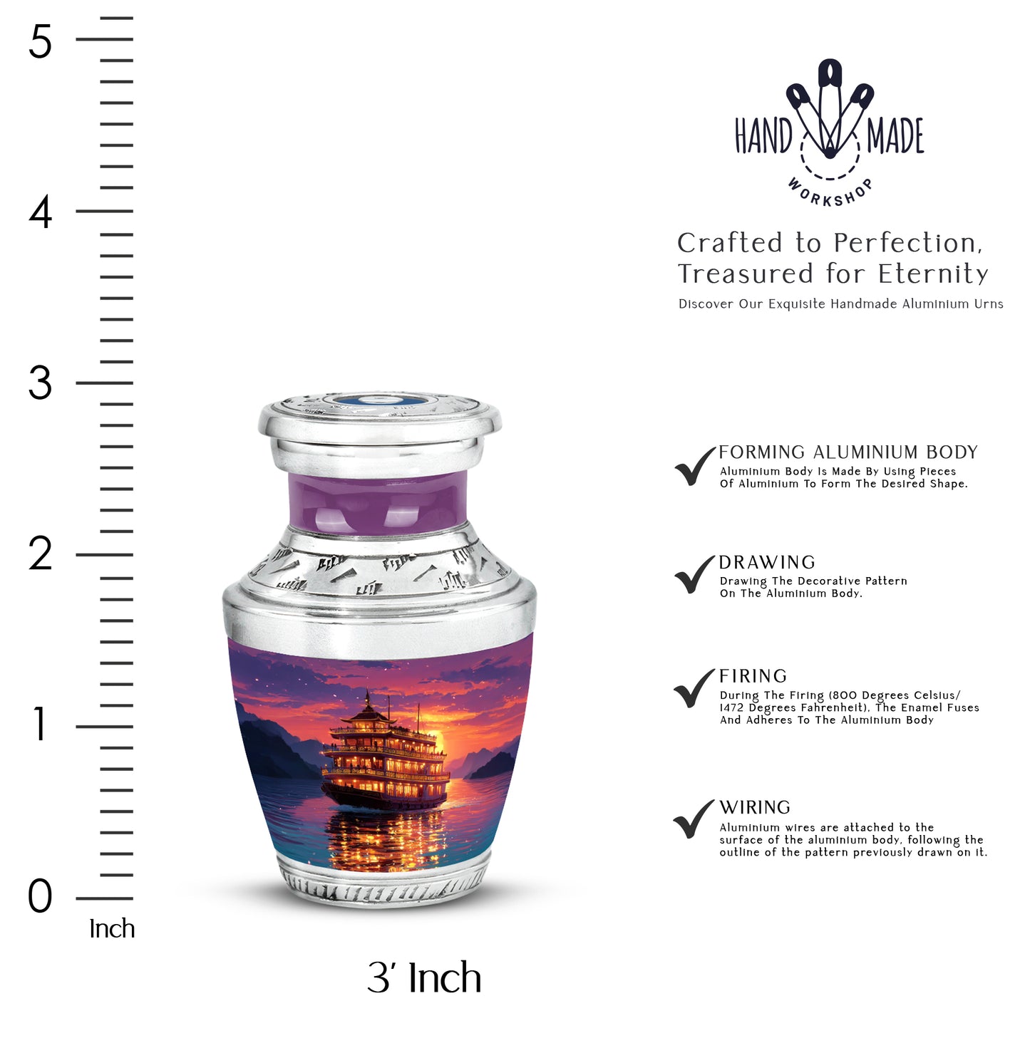 Amethyst Purple Boat Cremation Urn top-down view of secure threaded lid - modern art-inspired boat motif on sleek aluminum - mini keepsake memorial for portion of cremation ashes