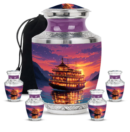 Deep Purple Boat Cremation Urn lifestyle display on memorial shelf - contemporary boat design with modern artistic flair - memorial set with one large and four small urns