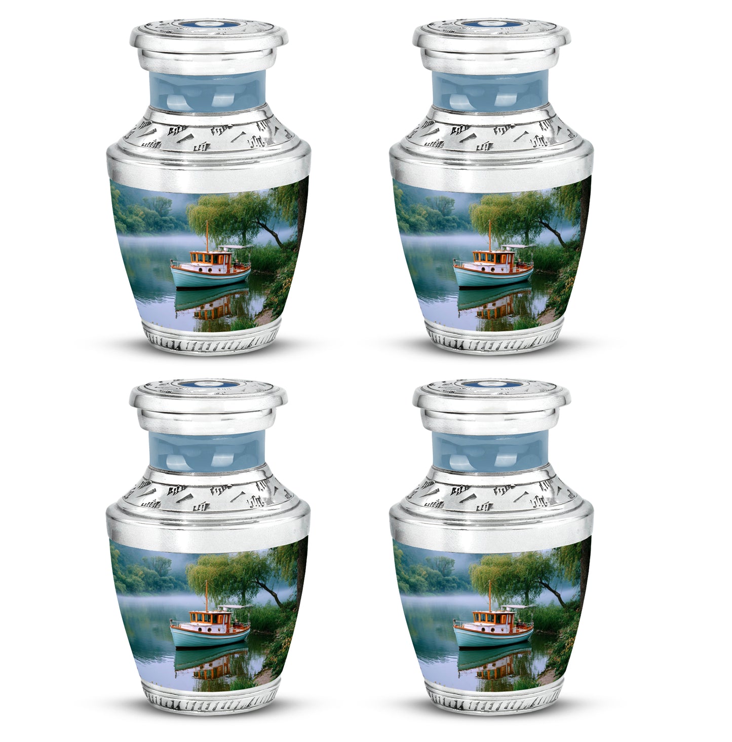 Vivid Teal Boat Cremation Urn back view with polished surface - stylized abstract boat pattern with bold lines - 10 inch aluminum urn for cremated remains