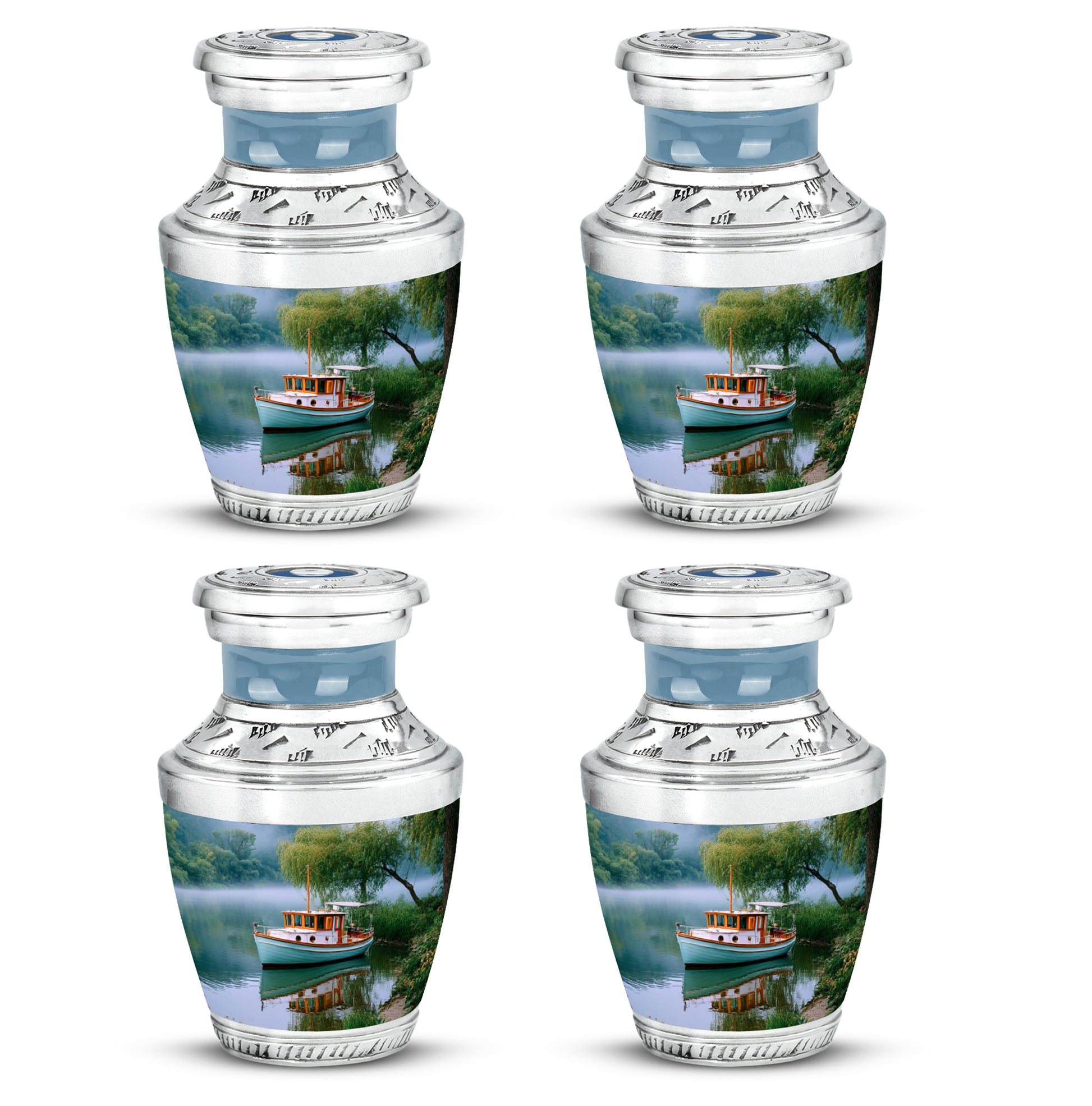 Vivid Teal Boat Cremation Urn back view with polished surface - stylized abstract boat pattern with bold lines - 10 inch aluminum urn for cremated remains