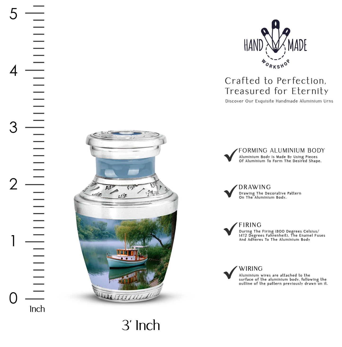 Ocean Teal Boat Cremation Urn top-down view of secure threaded lid - contemporary boat design with modern artistic flair - mini keepsake memorial for portion of cremation ashes