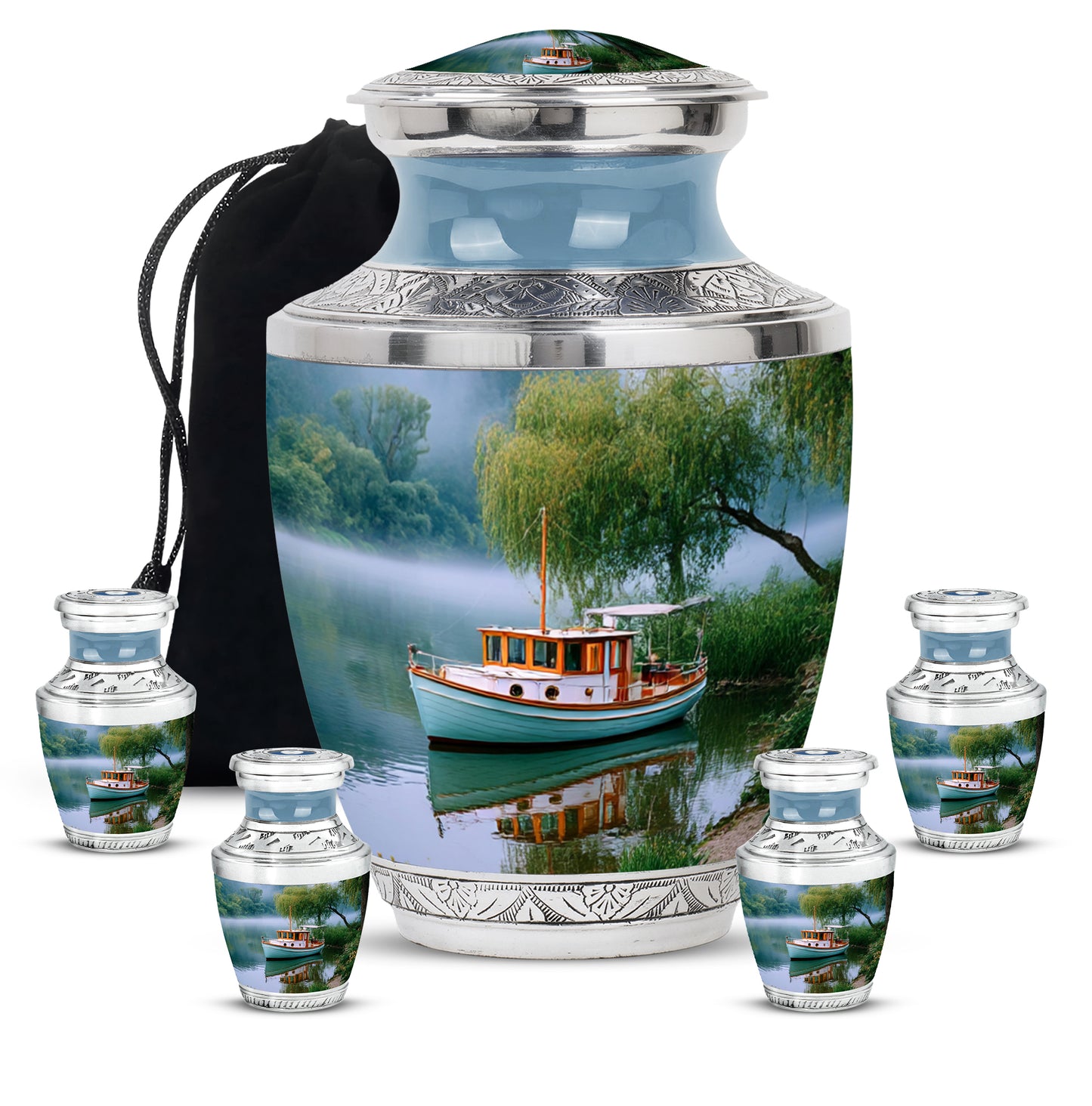 Jewel Teal Boat Cremation Urn lifestyle display on memorial shelf - modern art-inspired boat motif on sleek aluminum - memorial set with one large and four small urns