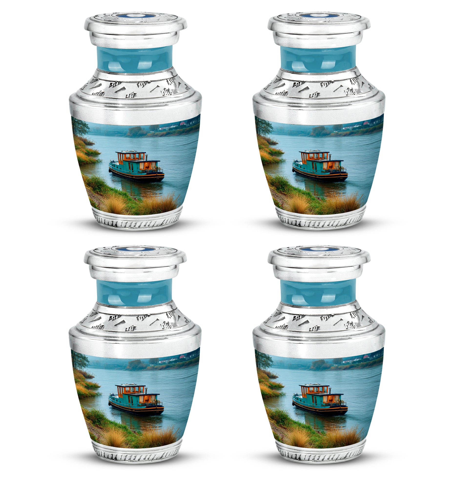 Jewel Teal Boat Cremation Urn back view with polished surface - contemporary boat design with modern artistic flair - 10 inch aluminum urn for cremated remains