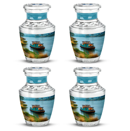 Jewel Teal Boat Cremation Urn back view with polished surface - contemporary boat design with modern artistic flair - 10 inch aluminum urn for cremated remains