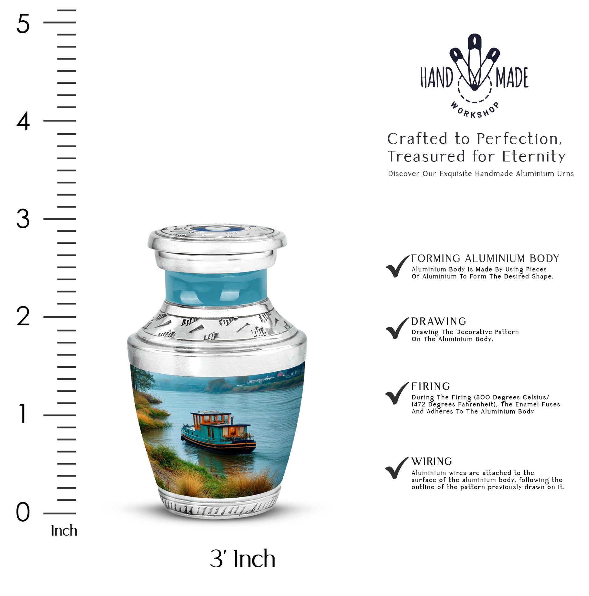 Mystic Teal Boat Cremation Urn top-down view of secure threaded lid - artistic boat interpretation with creative detail - mini keepsake memorial for portion of cremation ashes