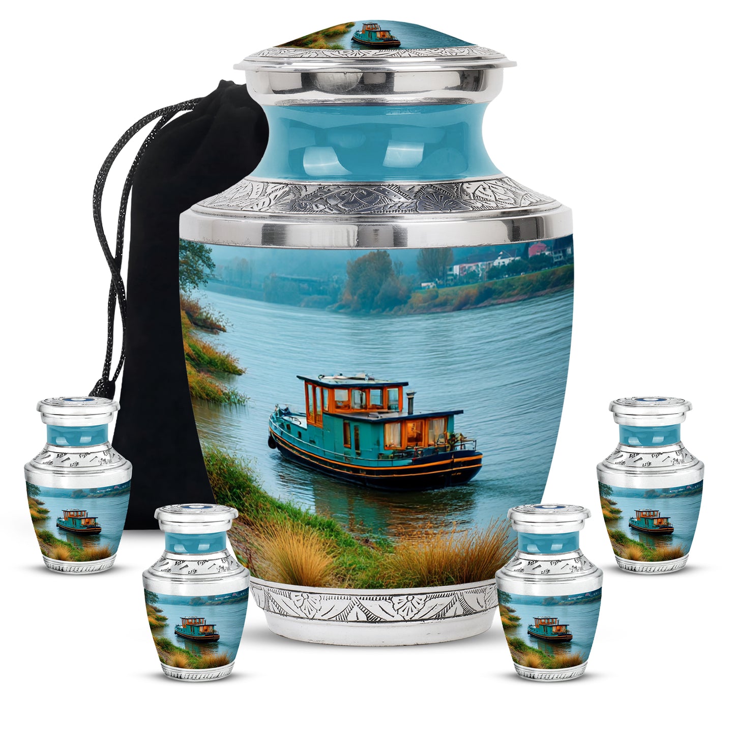 Cool Teal Boat Cremation Urn lifestyle display on memorial shelf - contemporary boat design with modern artistic flair - memorial set with one large and four small urns