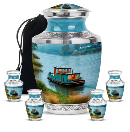 Cool Teal Boat Cremation Urn lifestyle display on memorial shelf - contemporary boat design with modern artistic flair - memorial set with one large and four small urns