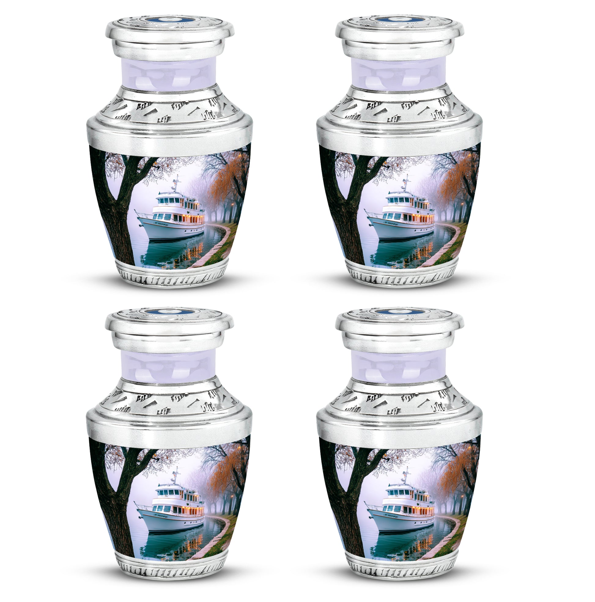 Ivory White Boat Cremation Urn back view with polished surface - contemporary boat design with modern artistic flair - 10 inch aluminum urn for cremated remains