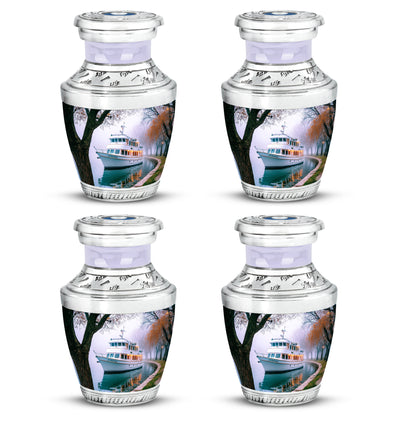 Ivory White Boat Cremation Urn back view with polished surface - contemporary boat design with modern artistic flair - 10 inch aluminum urn for cremated remains