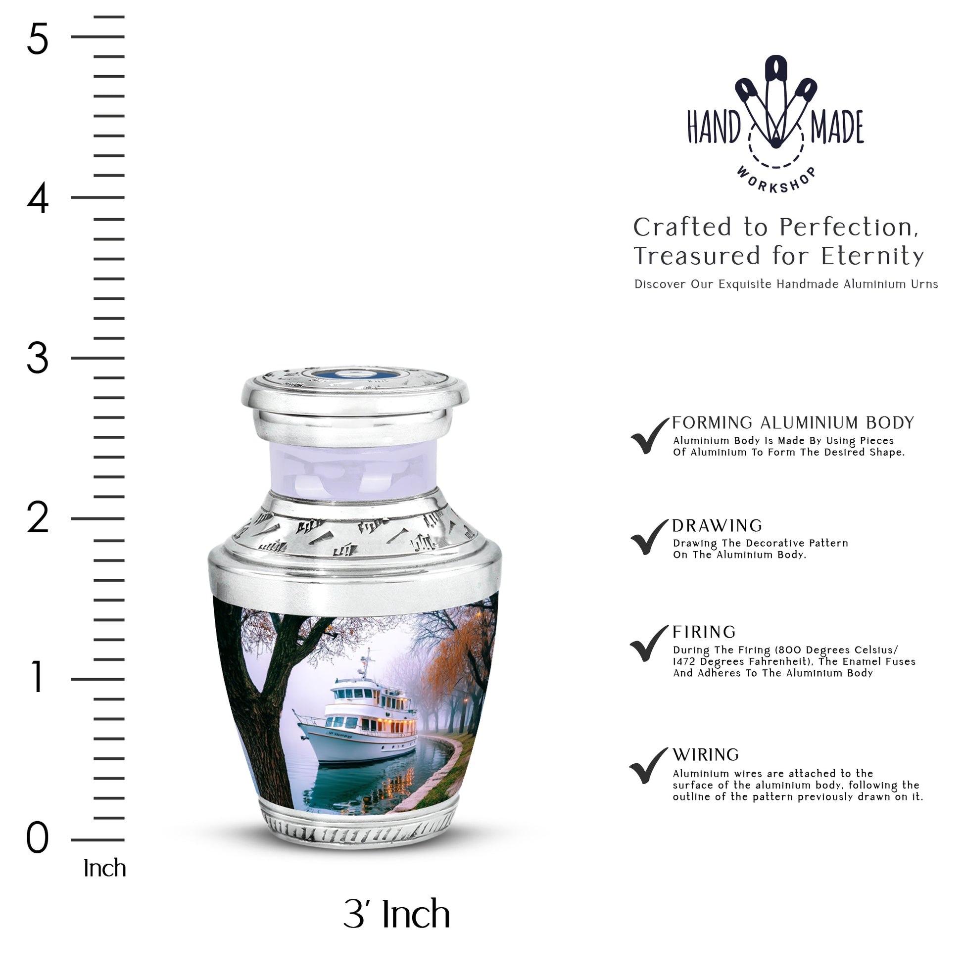 Alabaster White Boat Cremation Urn top-down view of secure threaded lid - modern art-inspired boat motif on sleek aluminum - mini keepsake memorial for portion of cremation ashes