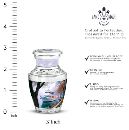 Alabaster White Boat Cremation Urn top-down view of secure threaded lid - modern art-inspired boat motif on sleek aluminum - mini keepsake memorial for portion of cremation ashes
