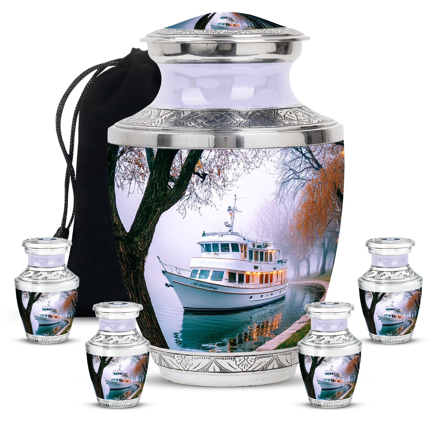Frost White Boat Cremation Urn lifestyle display on memorial shelf - modern art-inspired boat motif on sleek aluminum - memorial set with one large and four small urns