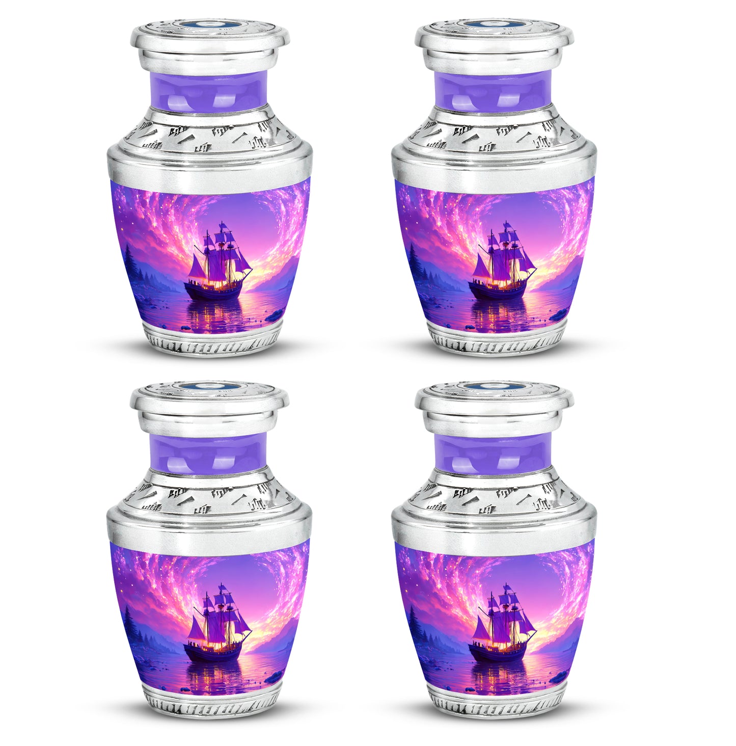 Twilight Purple Boat Cremation Urn back view with polished surface - artistic boat interpretation with creative detail - 10 inch aluminum urn for cremated remains