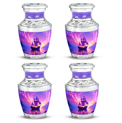 Twilight Purple Boat Cremation Urn back view with polished surface - artistic boat interpretation with creative detail - 10 inch aluminum urn for cremated remains