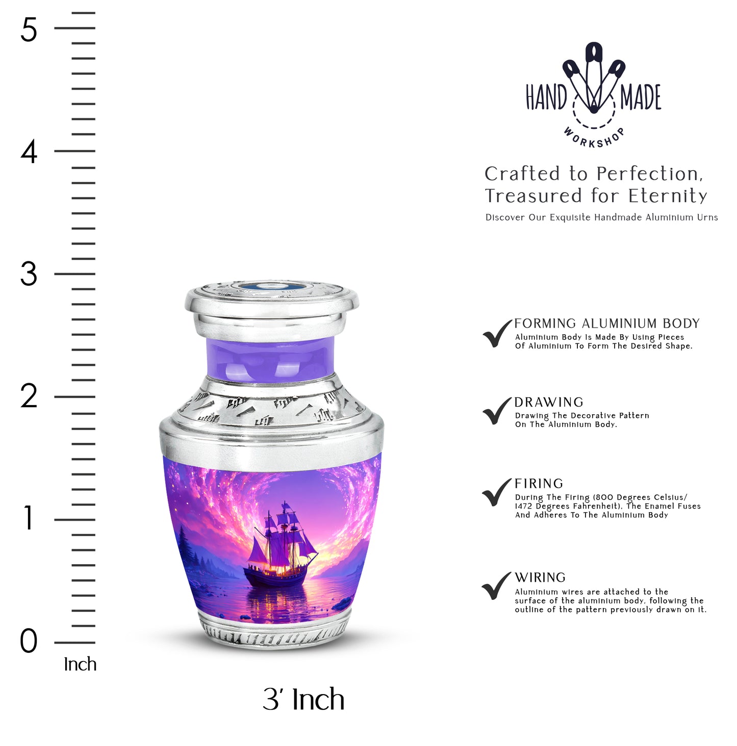Deep Purple Boat Cremation Urn top-down view of secure threaded lid - modern art-inspired boat motif on sleek aluminum - mini keepsake memorial for portion of cremation ashes