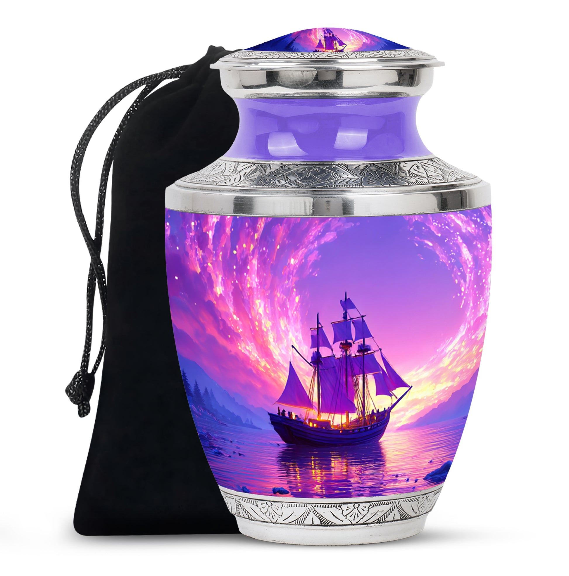 Twilight Purple Boat Cremation Urn side profile showing urn shape - stylized abstract boat pattern with bold lines - full-size 10 inch 200 cubic inch adult cremation urn