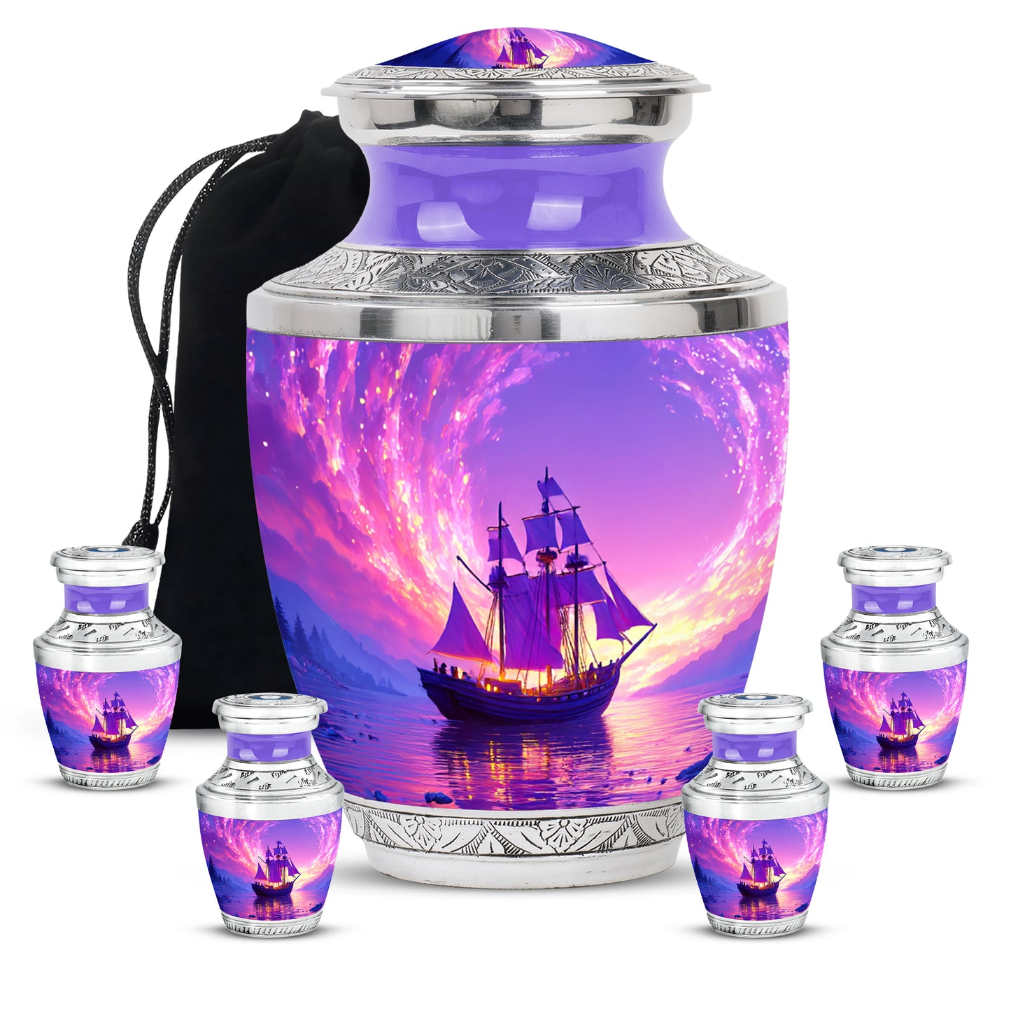 Violet Purple Boat Cremation Urn lifestyle display on memorial shelf - stylized abstract boat pattern with bold lines - memorial set with one large and four small urns