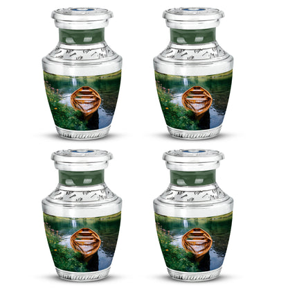 Verdant Green Boat Cremation Urn back view with polished surface - modern art-inspired boat motif on sleek aluminum - 10 inch aluminum urn for cremated remains