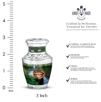 Olive Green Boat Cremation Urn top-down view of secure threaded lid - artistic boat interpretation with creative detail - mini keepsake memorial for portion of cremation ashes