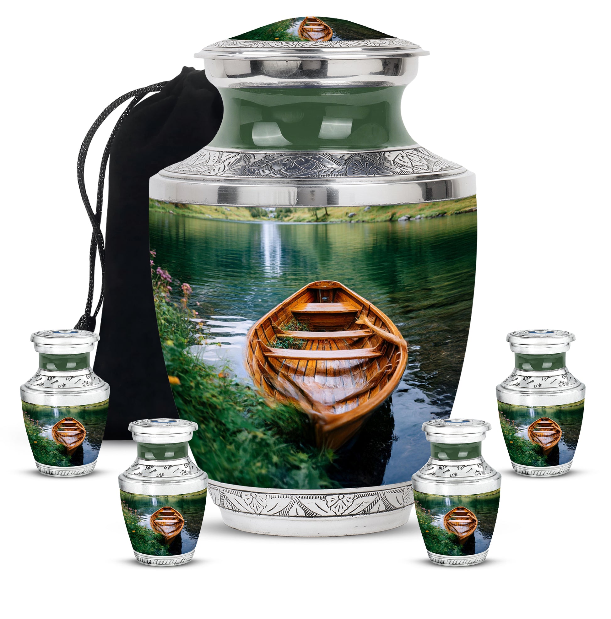 Hunter Green Boat Cremation Urn lifestyle display on memorial shelf - stylized abstract boat pattern with bold lines - memorial set with one large and four small urns