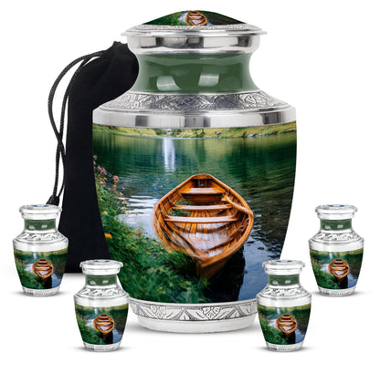 Hunter Green Boat Cremation Urn lifestyle display on memorial shelf - stylized abstract boat pattern with bold lines - memorial set with one large and four small urns