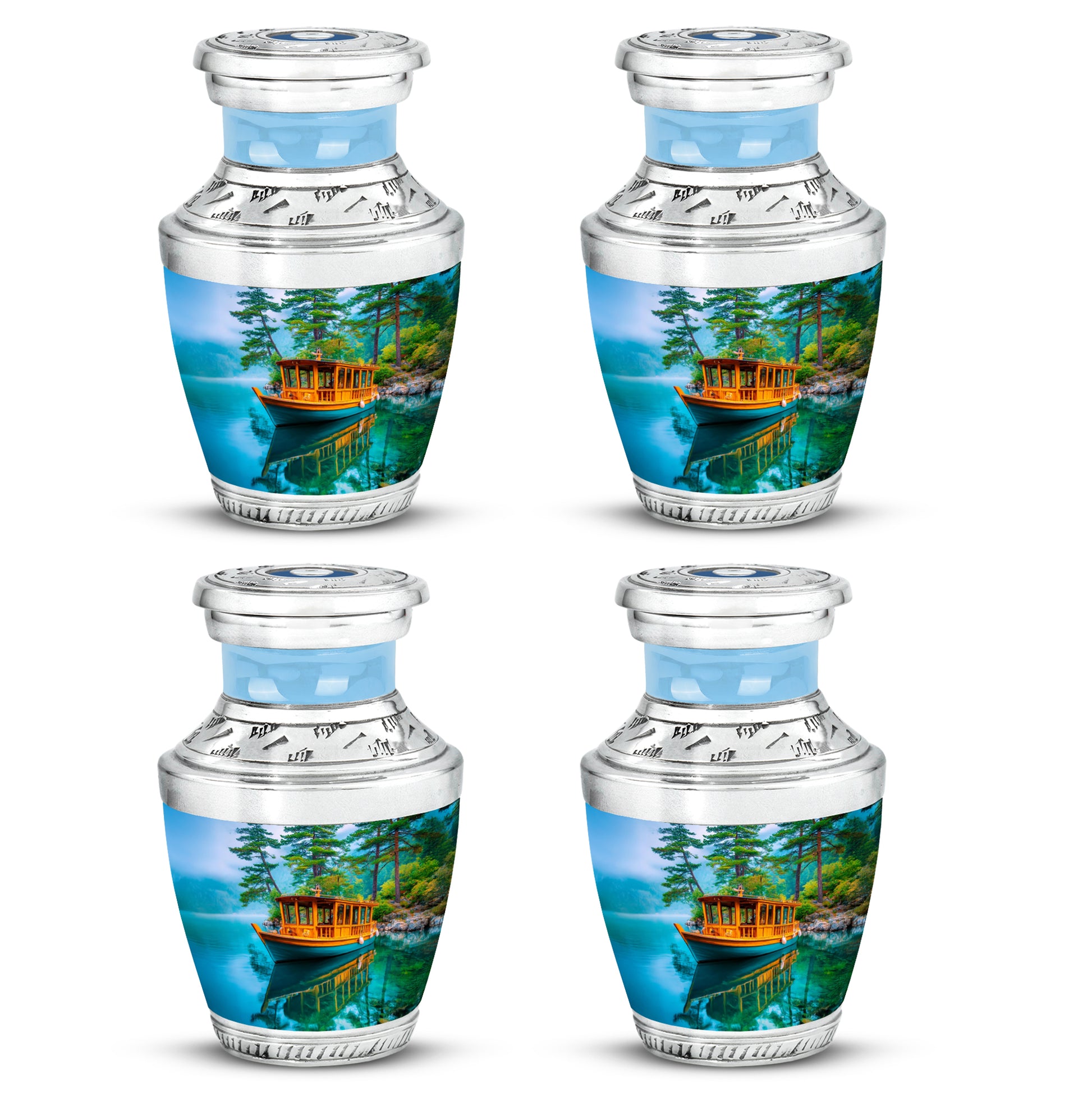 Jewel Teal Boat Cremation Urn back view with polished surface - contemporary boat design with modern artistic flair - 10 inch aluminum urn for cremated remains