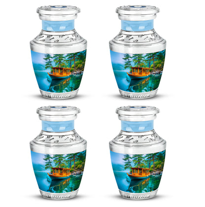 Jewel Teal Boat Cremation Urn back view with polished surface - contemporary boat design with modern artistic flair - 10 inch aluminum urn for cremated remains