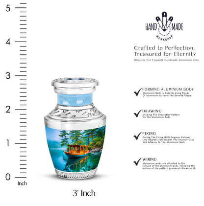Sea Green Teal Boat Cremation Urn top-down view of secure threaded lid - modern art-inspired boat motif on sleek aluminum - mini keepsake memorial for portion of cremation ashes