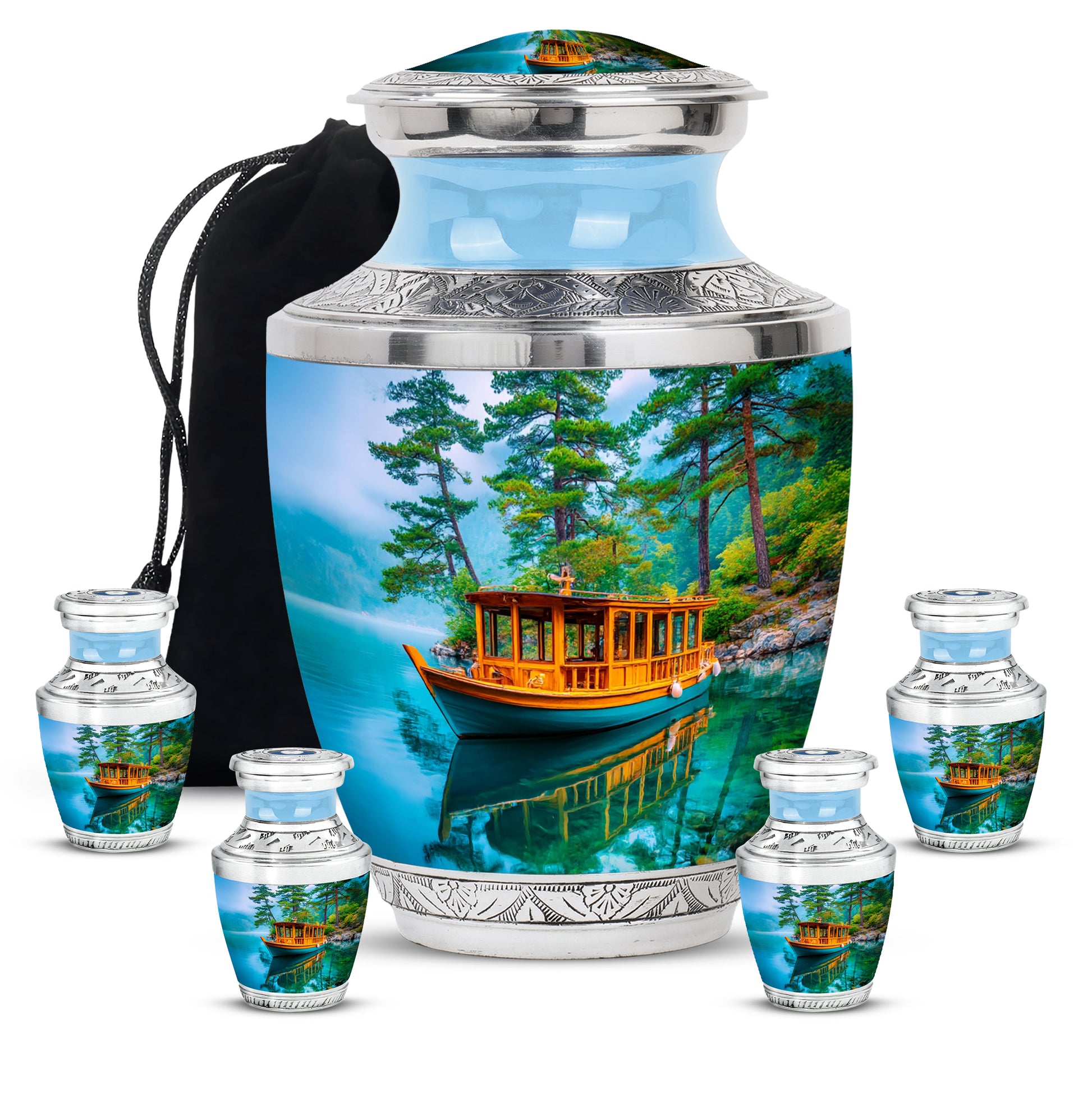 Tropical Teal Boat Cremation Urn lifestyle display on memorial shelf - artistic boat interpretation with creative detail - memorial set with one large and four small urns
