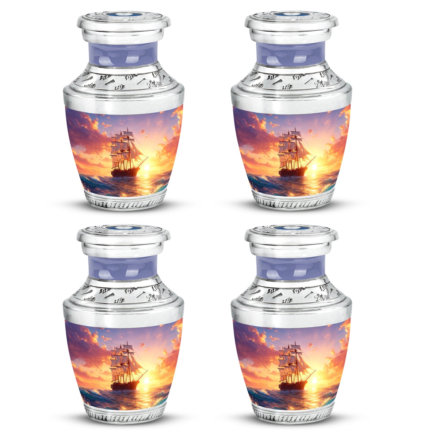 Calming Blue Boat Cremation Urn back view with polished surface - stylized abstract boat pattern with bold lines - 10 inch aluminum urn for cremated remains