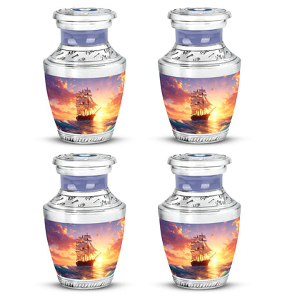 Calming Blue Boat Cremation Urn back view with polished surface - stylized abstract boat pattern with bold lines - 10 inch aluminum urn for cremated remains