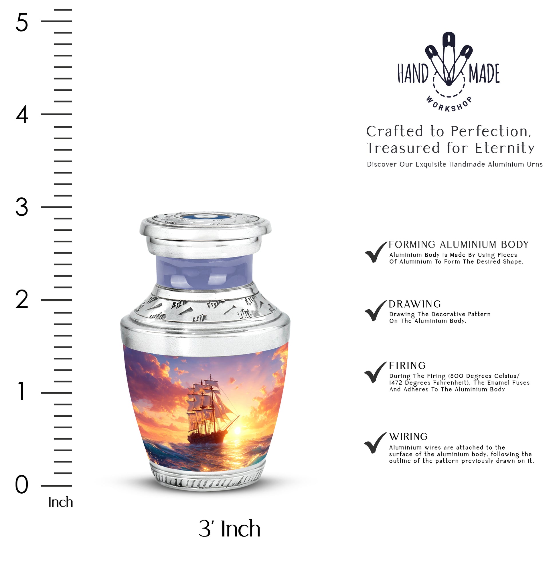 Powder Blue Boat Cremation Urn top-down view of secure threaded lid - contemporary boat design with modern artistic flair - mini keepsake memorial for portion of cremation ashes