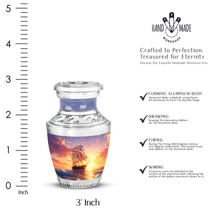 Powder Blue Boat Cremation Urn top-down view of secure threaded lid - contemporary boat design with modern artistic flair - mini keepsake memorial for portion of cremation ashes