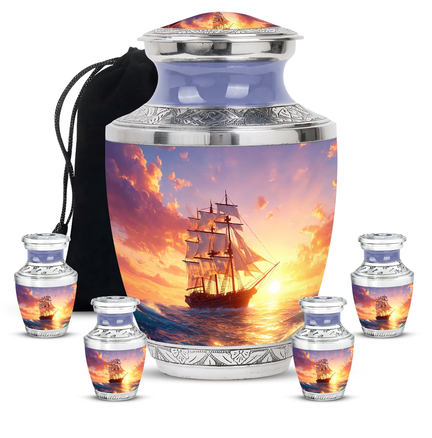 Pastel Blue Boat Cremation Urn lifestyle display on memorial shelf - contemporary boat design with modern artistic flair - memorial set with one large and four small urns