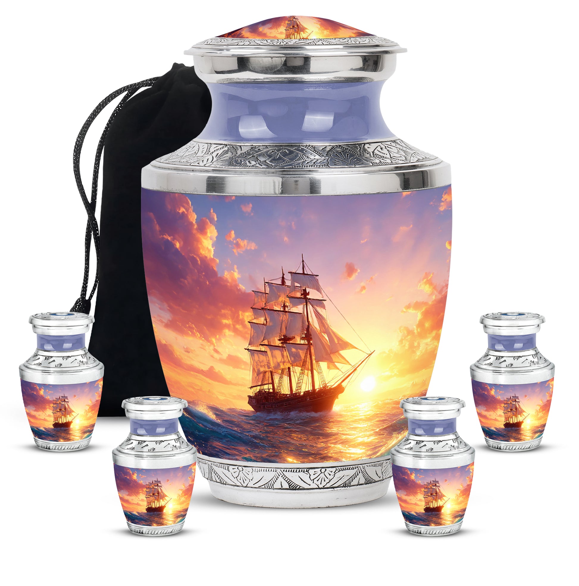 Pastel Blue Boat Cremation Urn lifestyle display on memorial shelf - contemporary boat design with modern artistic flair - memorial set with one large and four small urns