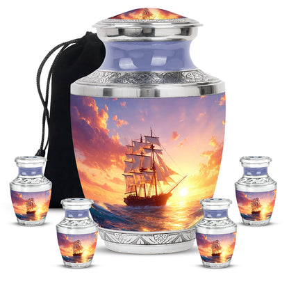 Pastel Blue Boat Cremation Urn lifestyle display on memorial shelf - contemporary boat design with modern artistic flair - memorial set with one large and four small urns