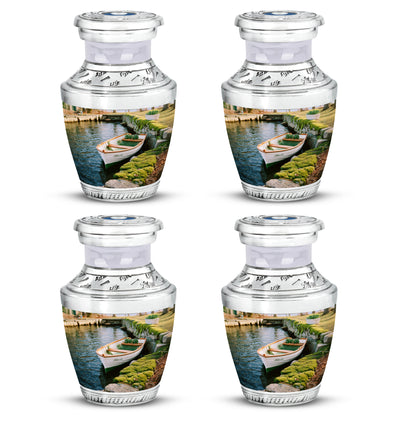 Honey Yellow Boat Cremation Urn back view with polished surface - artistic boat interpretation with creative detail - 10 inch aluminum urn for cremated remains