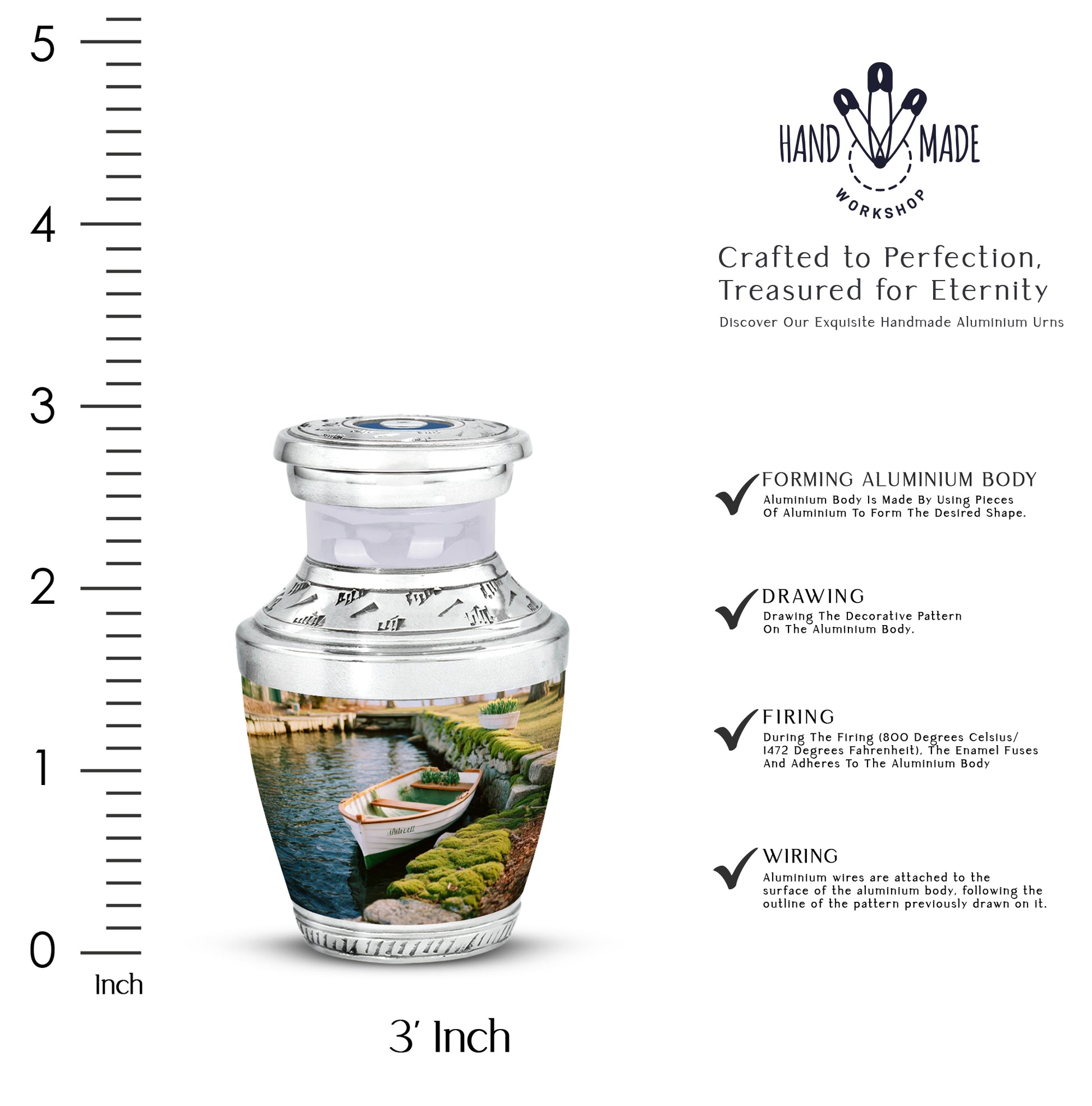 Marigold Yellow Boat Cremation Urn top-down view of secure threaded lid - stylized abstract boat pattern with bold lines - mini keepsake memorial for portion of cremation ashes