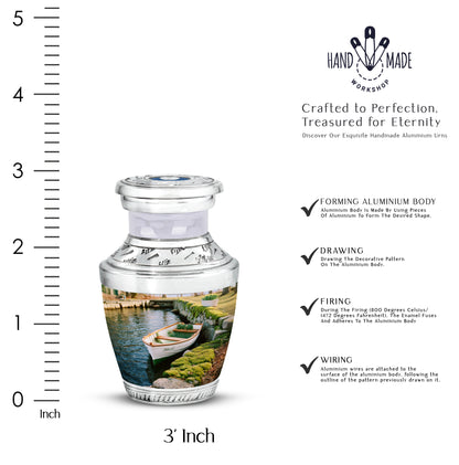 Marigold Yellow Boat Cremation Urn top-down view of secure threaded lid - stylized abstract boat pattern with bold lines - mini keepsake memorial for portion of cremation ashes