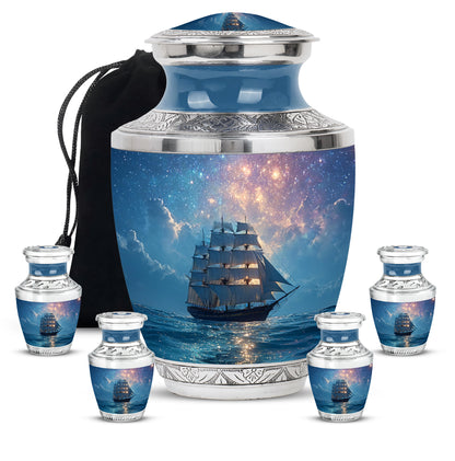 Soft Blue Boat Cremation Urn lifestyle display on memorial shelf - artistic boat interpretation with creative detail - memorial set with one large and four small urns