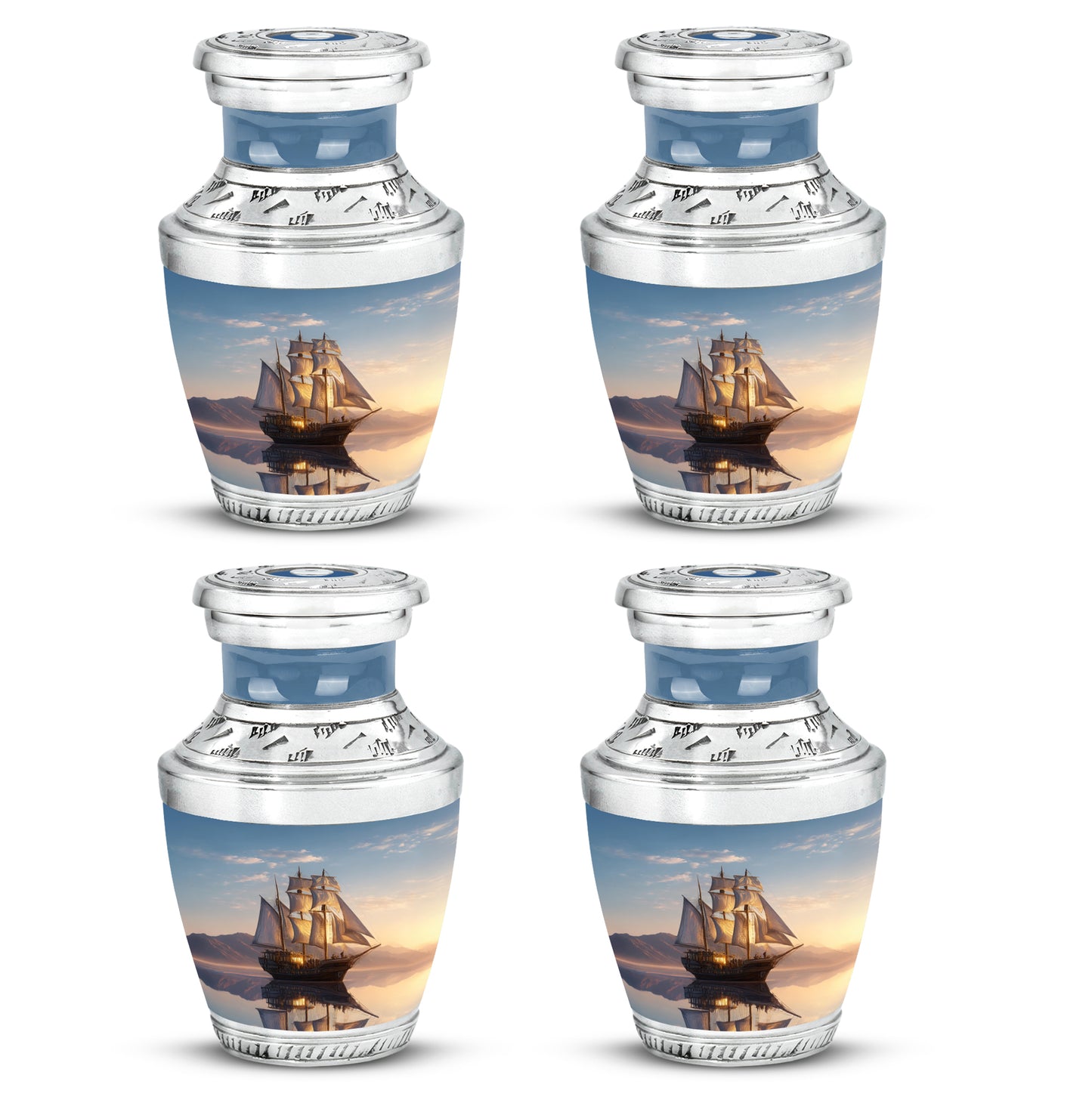 Azure Boat Cremation Urn back view with polished surface - contemporary boat design with modern artistic flair - 10 inch aluminum urn for cremated remains