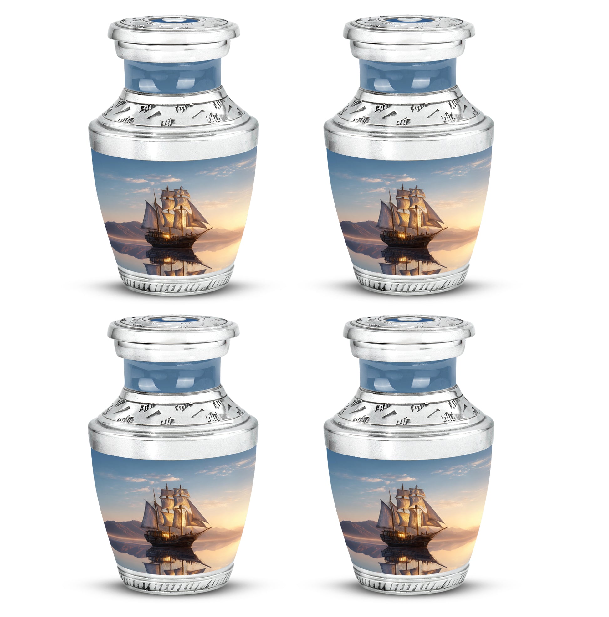Azure Boat Cremation Urn back view with polished surface - contemporary boat design with modern artistic flair - 10 inch aluminum urn for cremated remains