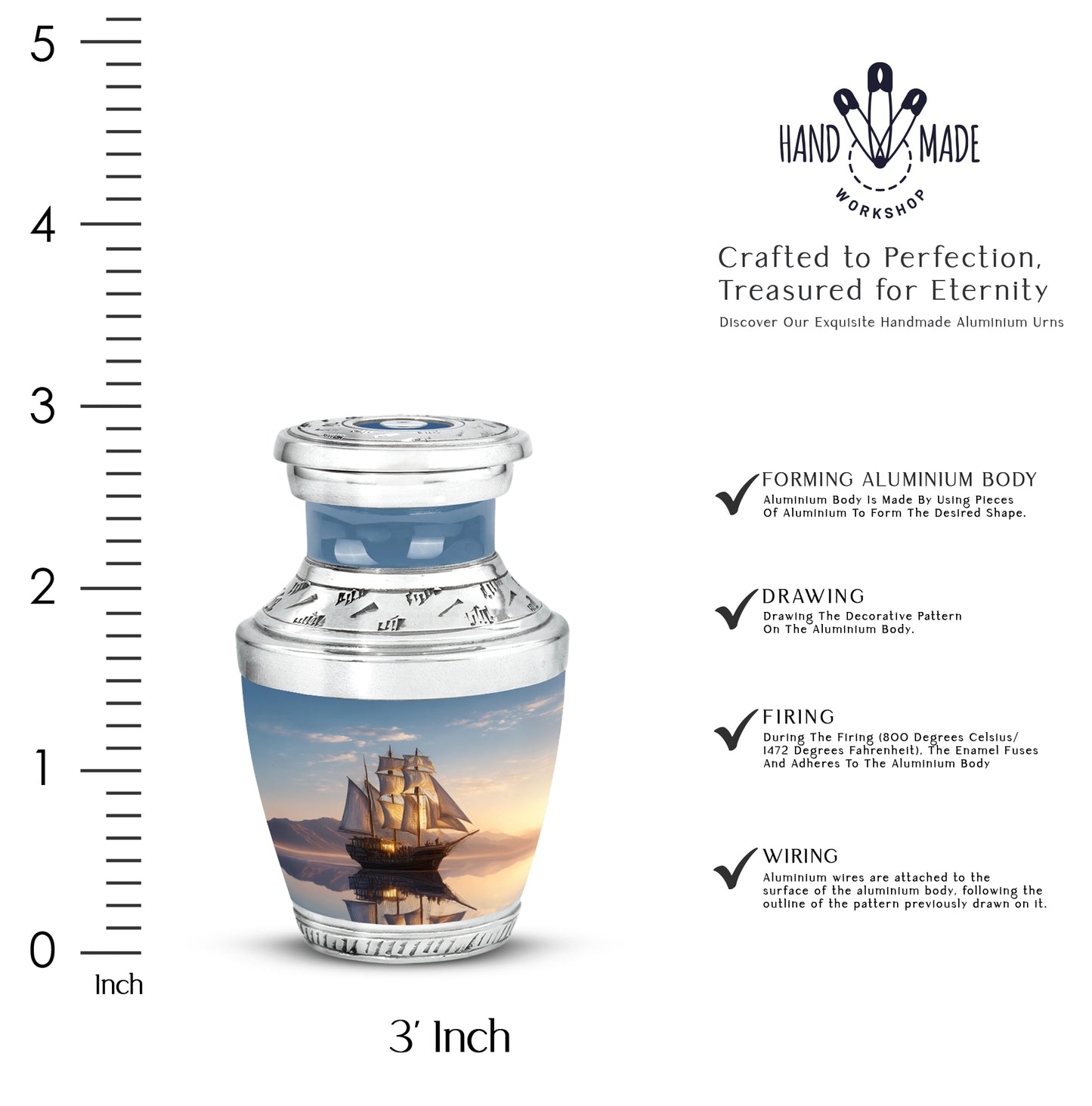 Indigo Boat Cremation Urn top-down view of secure threaded lid - contemporary boat design with modern artistic flair - mini keepsake memorial for portion of cremation ashes