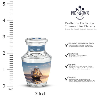 Indigo Boat Cremation Urn top-down view of secure threaded lid - contemporary boat design with modern artistic flair - mini keepsake memorial for portion of cremation ashes