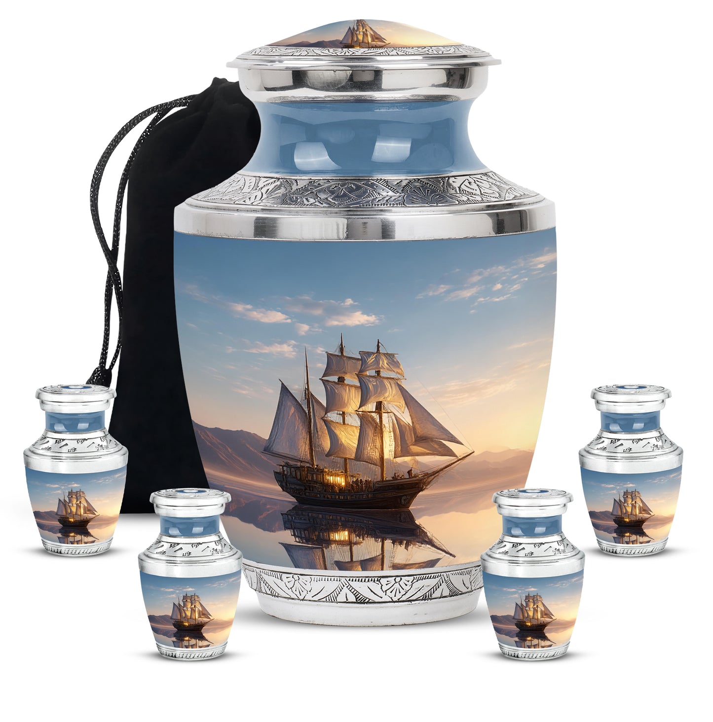 Celestial Blue Boat Cremation Urn lifestyle display on memorial shelf - contemporary boat design with modern artistic flair - memorial set with one large and four small urns