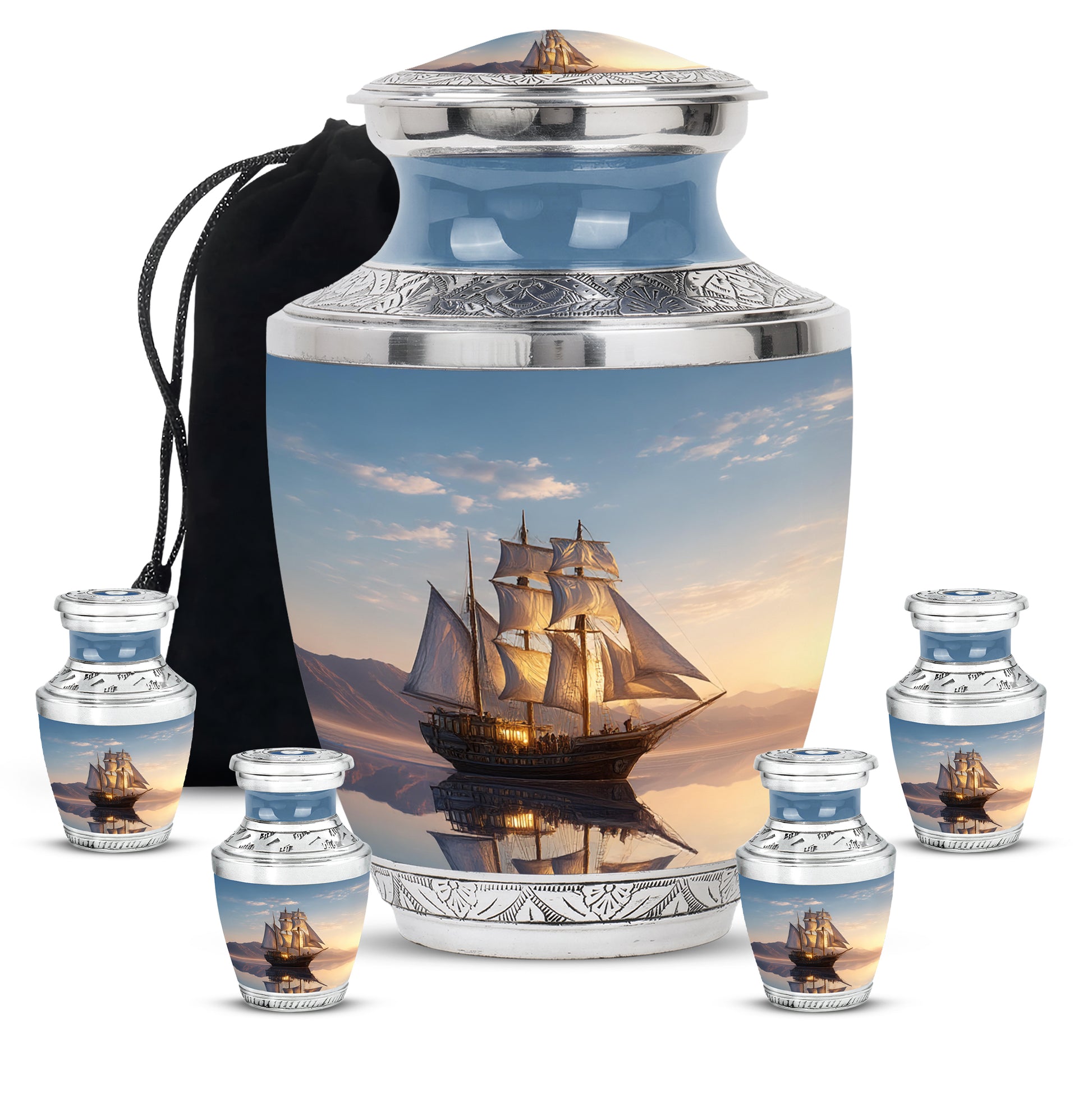 Celestial Blue Boat Cremation Urn lifestyle display on memorial shelf - contemporary boat design with modern artistic flair - memorial set with one large and four small urns
